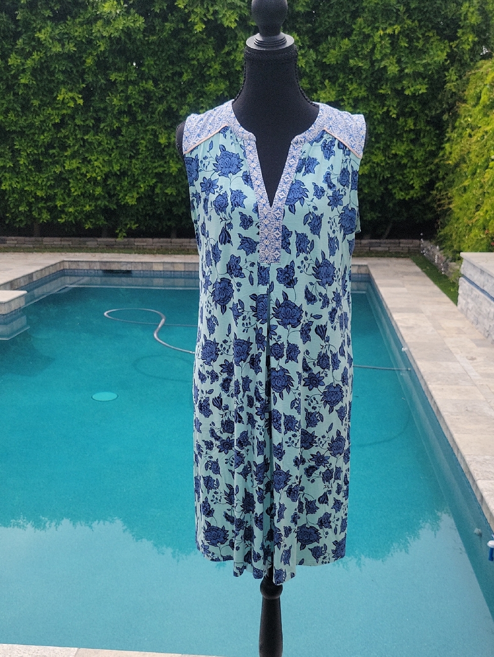 J. Jill Blue Floral Multi Pattern Sleeveless Dress With Pockets M